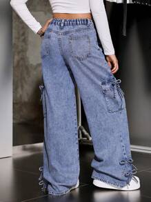 SHEIN 少女 Y2K 休闲仿旧蓝色撞色蝴蝶结喇叭腿牛仔裤