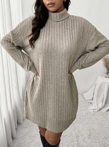 SHEIN Frenchy Plus Size Casual Turtleneck Ribbed Knit Dress In Apricot Color, Suitable For Leisure & Home, Autumn/Winter - Apricot - View 1