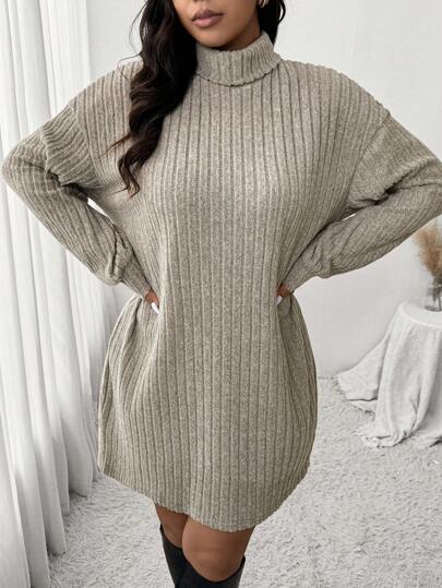 SHEIN Frenchy Plus Size Casual Turtleneck Ribbed Knit Dress In Apricot Color, Suitable For Leisure & Home, Autumn/Winter