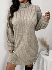 SHEIN Frenchy Plus Size Casual Turtleneck Ribbed Knit Dress In Apricot Color, Suitable For Leisure & Home, Autumn/Winter - Apricot - View 5