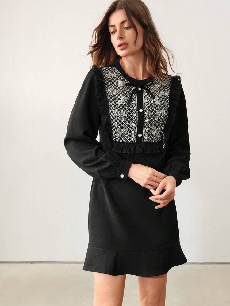 1pc Women's Crystal Decorated Bow Lace Ruffle Hem Long Sleeve Dress