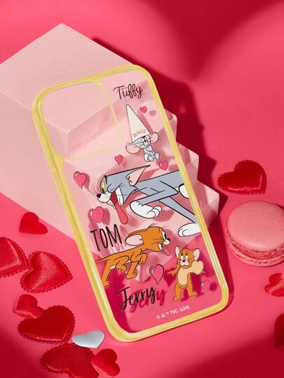 TOM & JERRY X SHEIN Cartoon & Letter Print Yellow Border Transparent Clear Phone Case, Compatible With IPhone