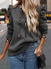 SHEIN Clasi Women Solid Color Splice Minimalist Hooded Casual Sweatshirt