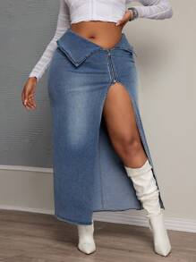 SHEIN SXY 大码高腰不对称破洞牛仔中长裙 - 中等水洗藍 - 查看 5