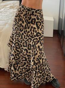 DAZY 女士豹纹A字裙，高腰，宽松，修身，优雅长裙，荷叶边