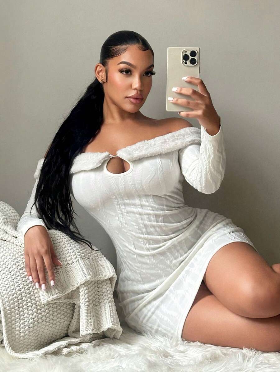 SHEIN SXY Fuzzy Collar Off-Shoulder Marl Fabric Long Sleeve Dress, Apricot, Autumn/Winter