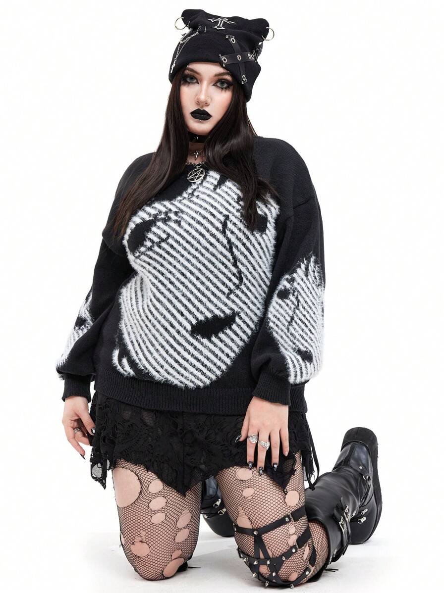 Whyspr Goth Punk Gothic Punk Cartoon Face Intarsia Knit Pullover Sweater Knit Pullover Fall Winter Outfit - Black and White - View 1