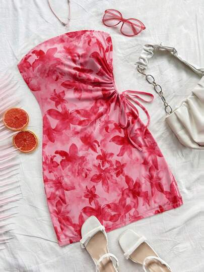 Soleia Women Red Abstract Tie Dye Floral Print Asymmetrical Drawstring Hem Mini Dress, Vacation Attire,Fall&Winter Women Clothes,Hot Pink Dress,Holiday Dress,Greek Goddess Dress,Hippie Women Clothes,Fairy Core,Fairy Dress,Vacation Outfits Women