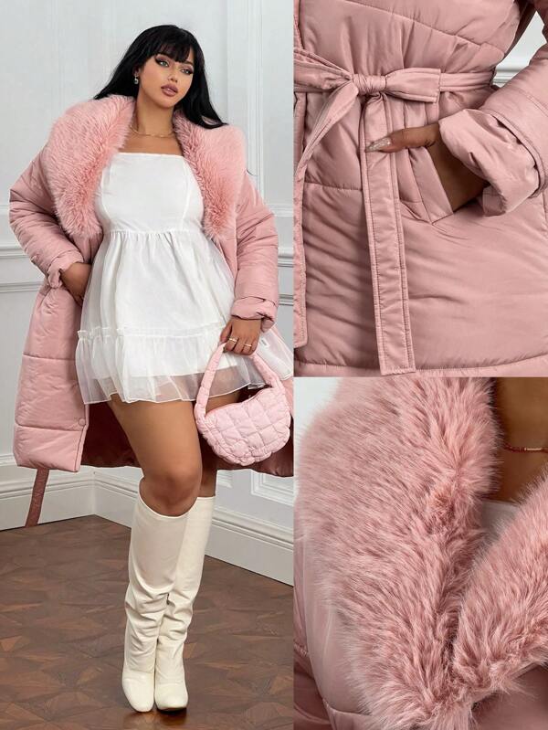 Lyrianda Abrigo acolchado de talla grande para invierno con cuello esponjoso, cuello vuelto, frente abierto, cintura entallada, bolsillos con botones, de color rosa, casual y lindo de longitud media