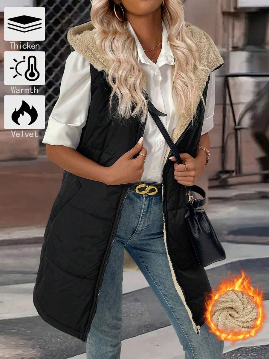 SHEIN LUNE 2-Side Wear Hooded Padded Vest Jacket With Pockets Thermal - Black - View 1