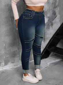 SHEIN SXY Jeggings elásticos de mezclilla con diseño desgastado y cintura alta para mujer de talla grande