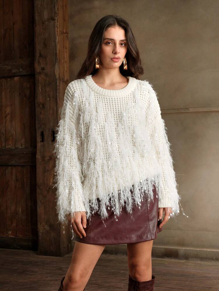 Women's Luxury Christmas Feather Tassel Shiny Casual Sweater, Autumn/Winter Knit Pullover Fall