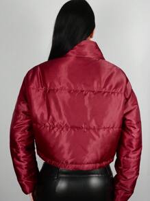EgrlEra Short Solid Color Zip-Up Long Sleeve Padded Padded Coat, Winter Clothes - Burgundy - View 2