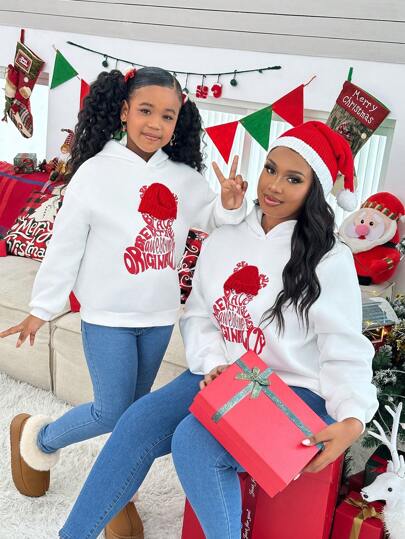 SHEIN LUNE 大码女式圣诞口号印花长袖连帽休闲运动衫，秋冬大码秋季服装