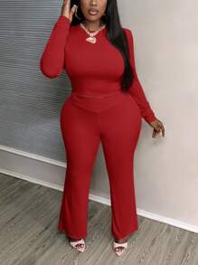 Slaydiva Übergröße Herbst/Winter Lotuswurzelrosa Lässiges, tailliertes, einfarbiges Set mit kurzem, langärmligem Oberteil und hoher Taille und langen Hosen