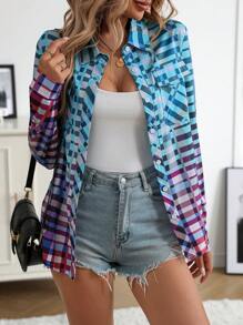 INAWLY Camisa A Cuadros Con Botones Degradados Y Bolsillos - Multicolor - Ver 6