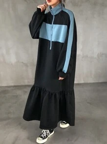 FRIFUL Women Loose Contrast Color Layered Design Dress,Ruffle
