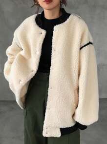 FRIFUL Women's Casual Contrast Color Patchwork Fleece Jacket, Autumn/Winter,Thermal Lined - Beige - View 1