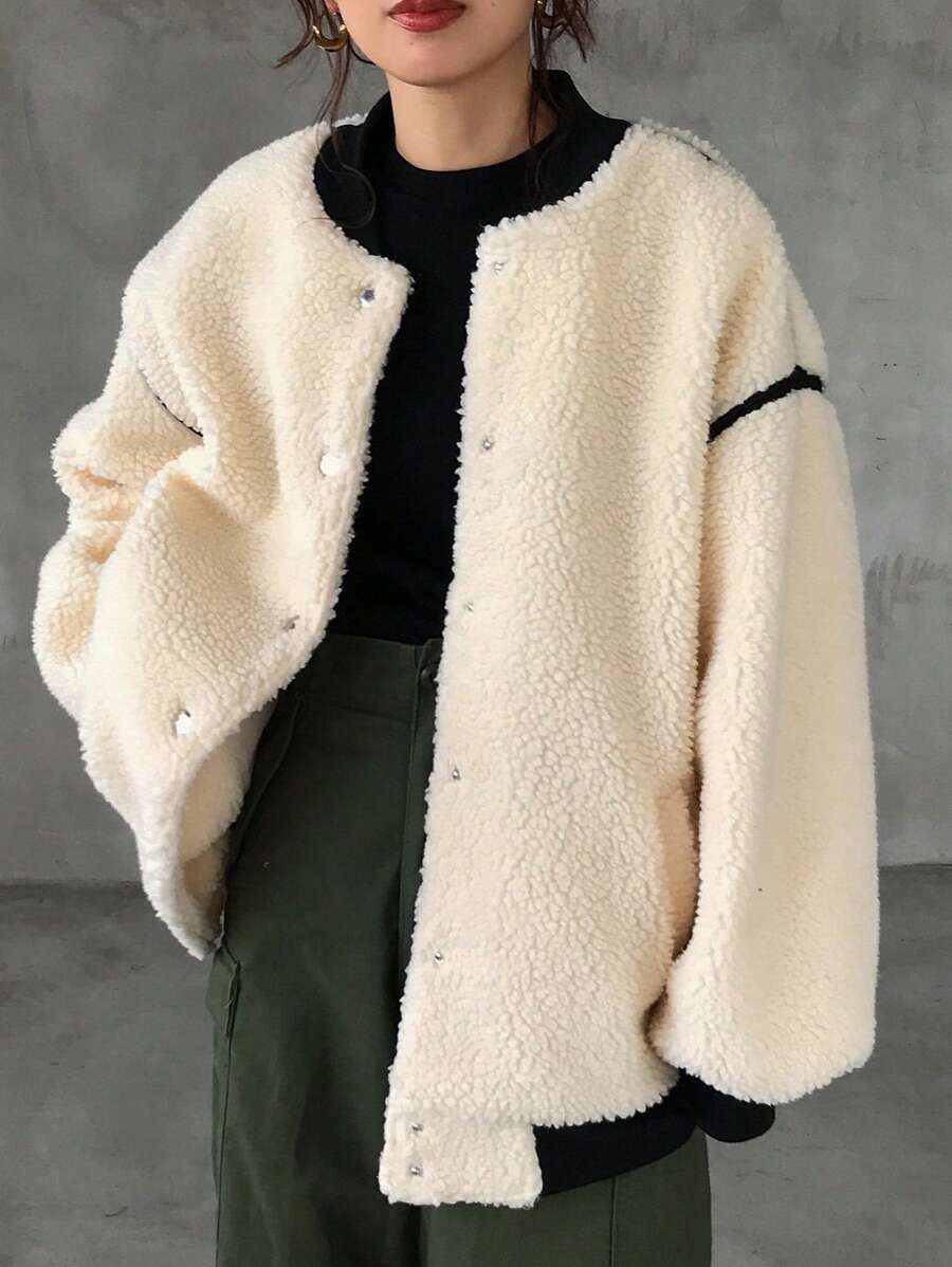 FRIFUL Women's Casual Contrast Color Patchwork Fleece Jacket, Autumn/Winter,Thermal Lined - Beige - View 1