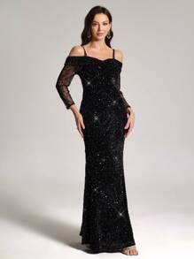 SHEIN Belle Robe élégante pour femmes avec bretelles spaghetti, ourlet en queue de poisson, paillettes. Robe de soirée formelle noire pour le bal, les invités de mariage, la remise des diplômes, le dîner