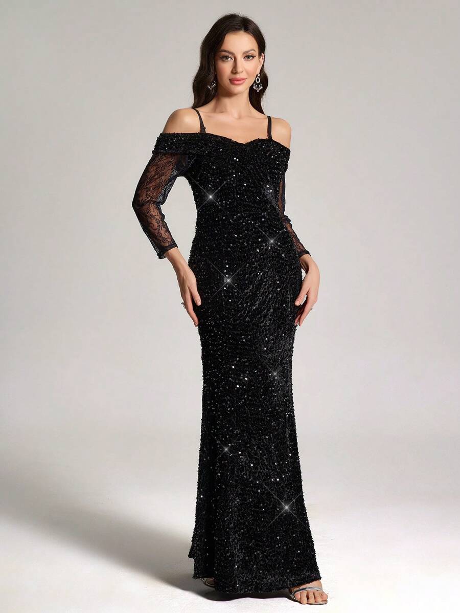 SHEIN Belle Robe élégante pour femmes avec bretelles spaghetti, ourlet en queue de poisson, paillettes. Robe de soirée formelle noire pour le bal, les invités de mariage, la remise des diplômes, le dîner