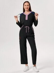 TaskEZ Scrubs Scrub Uniform Set, Contrast Color Patchwork Long Sleeve Top And Pants