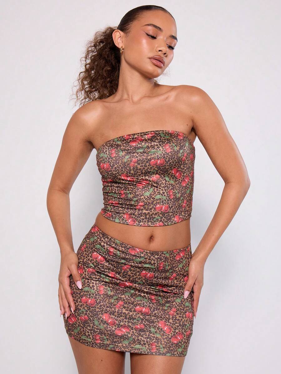 MUSERA Leopard Cherry Bandeau Top Going Out Top Vacation Spring Summer Fall
