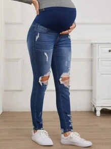 SHEIN Maternity Casual Daily Distressed Skinny Jeans, Spring/Autumn