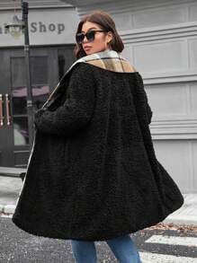 SHEIN LUNE Abrigo de peluche con cuello de chal a cuadros en contraste, talla grande, casual, para otoño/invierno/Día de Acción de Gracias, traje de fiesta, térmico