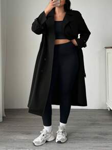 SHEIN EZwear Plus Size Solid Color Double-Breasted Casual Trench Coat, Autumn
