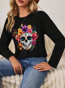 SHEIN LUNE Áo thun tay dài cổ tròn họa tiết đầu lâu và hoa Day Of The Dead dành cho nữ, phù hợp cho mùa thu - màu đen - Xem 3