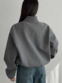 Dazy-Less 女士时尚设计师拉链装饰纯色半拉链抓绒卫衣，秋季女装，保暖内衬 - 灰色 - 查看 5