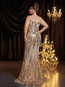 SHEIN Belle Plus Size Lace See-Through Luxury Beaded Fabric Elegant Fishtail Formal Dress For Party, Prom Evening Gown, For Wedding Guest, Graduation, Dinner - Champagne - View 2