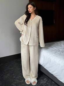 DAZY Embroidered Letter Decor Open Front Flannel Warm Pajama Set, Winter, Fall Winter Clothes