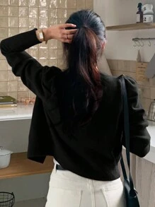 DAZY 女士泡泡袖短款修身开衫 - 黑色 - 查看 5