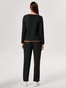 TaskEZ Contrast Trim Long Sleeve Top And Pants Scrub Uniform Set - Black - View 2