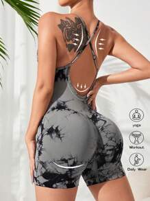 SHEIN Sport Studio Damen Batik Muster Camisole Romper mit Kreuzrücken