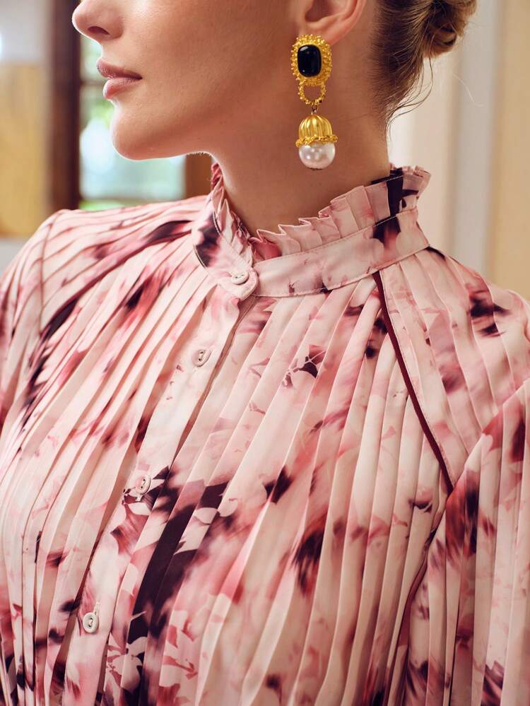 ZEYLAH ALLOVER PRINT FRILL MOCK NECK PLEATED DRESS WITHOUT BELT