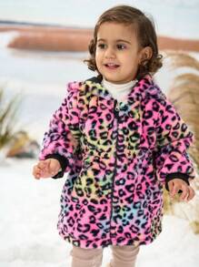 SHEIN Explorewe Áo khoác parka dài vừa phải họa tiết da báo có thể đảo ngược cho bé gái, thích hợp mặc hàng ngày vào mùa thu/đông, áo hoodie kết hợp, đồ nỉ, váy - Nhiều màu - Xem 5