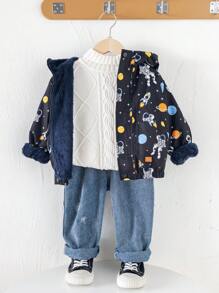 1 pieza Chaqueta con capucha acolchada, cálida y gruesa con forro de felpa, de estilo colegial cómodo y de moda simple y práctica, con estampado completo, para niños pequeños, adecuada para el uso diario, la escuela, los viajes, los deportes en otoño e invierno
