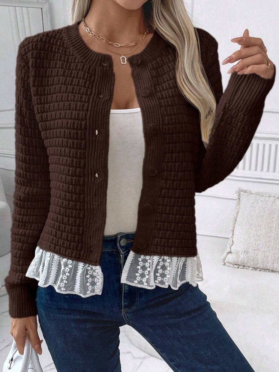 SHEIN Unity Chaqueta de punto casual de mujer con bloqueo de color y encaje, para otoño/invierno - Café integral - Ver 1
