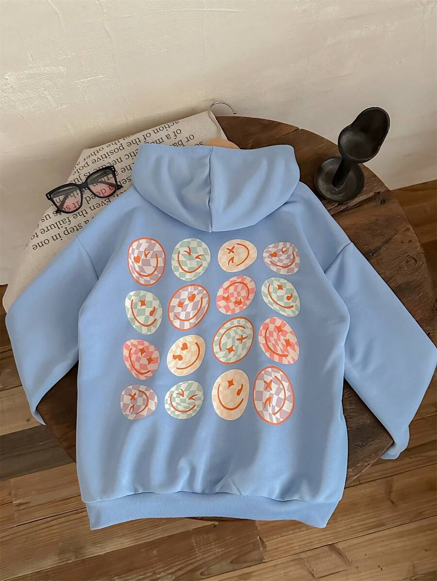 SHEIN Tween Girls Smiling Face Print Knit Round Neck Loose Casual Sweatshirt - Baby Blue - View 1