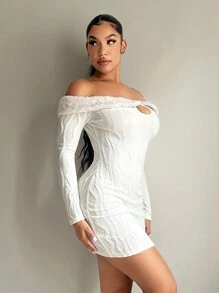 SHEIN SXY Fuzzy Collar Off-Shoulder Marl Fabric Long Sleeve Dress, Apricot, Autumn/Winter