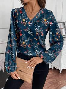 EMERY ROSE 休闲 V 领复古花卉图案女式长袖衬衫，适合秋冬季 - 彩色 - 查看 1