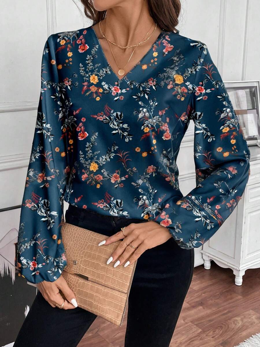 EMERY ROSE 休闲 V 领复古花卉图案女式长袖衬衫，适合秋冬季 - 彩色 - 查看 1