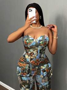 Slaydiva 新款复活节/西部/感恩节女装，女士冬季服装，优雅女士两件套，拼贴印花无肩带露脐上衣搭配多口袋阔腿裤，适合节日、新年派对、婚礼等场合。 - 彩色 - 查看 4