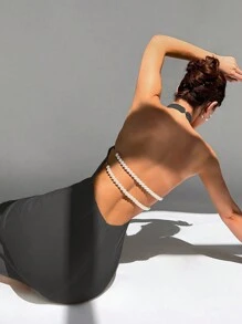 Aloruh Đầm ôm hở lưng màu trơn thanh lịch và gợi cảm cổ yếm - Xám - Xem 1