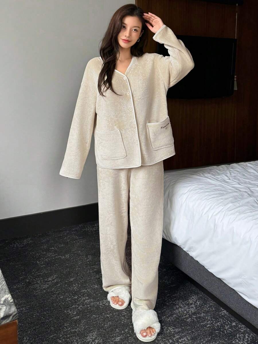 DAZY Embroidered Letter Decor Open Front Flannel Warm Pajama Set, Winter, Fall Winter Clothes