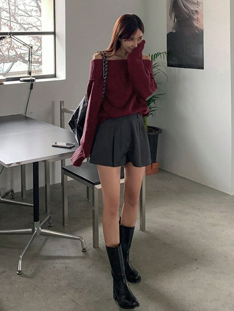 Women's Plain Color Off Shoulder Loose Casuals Sweater, Autumn/Winter,Long Sleeve Tops,Fall Women Clothes,New Year