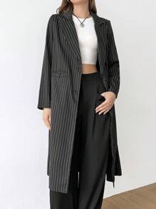 SHEIN Unity European And American Fashion Niche Black And White Striped Women's Regular Jacket - Black - View 7